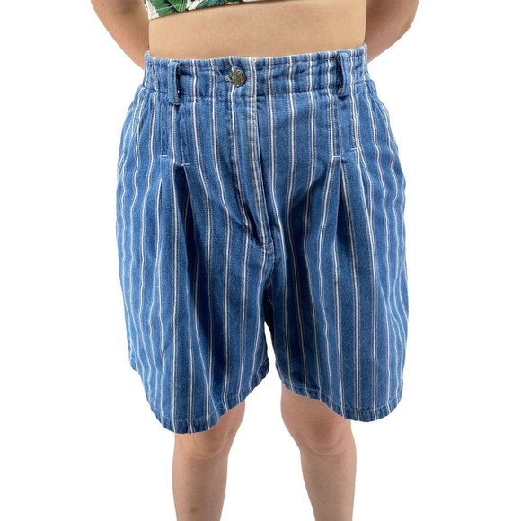 Vintage Studio Wear Mom shorts high waist pleated stripes size Medium 30W Blue - Picture 2 of 7